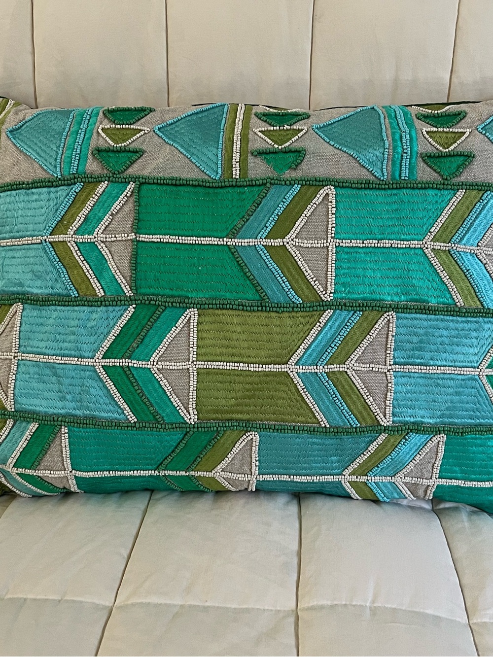 Handcrafted Teal & Green beaded Geometric Accent Pillow -